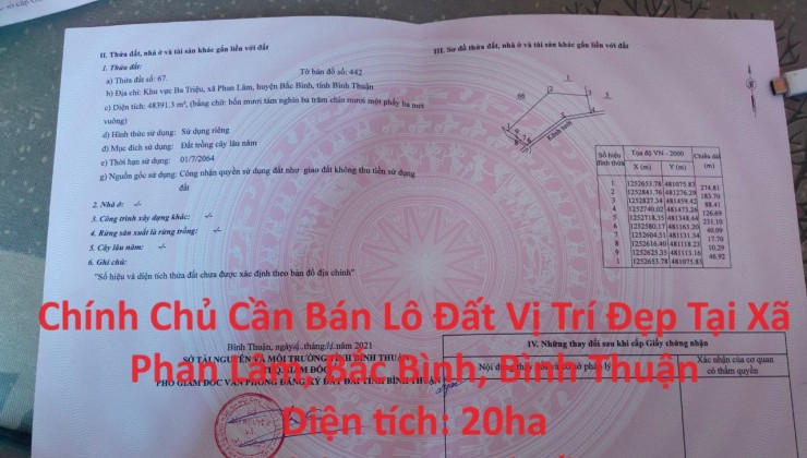 Chính Chủ Cần Bán Lô Đất Vị Trí Đẹp Tại Xã Phan Lâm, Bắc Bình, Bình Thuận